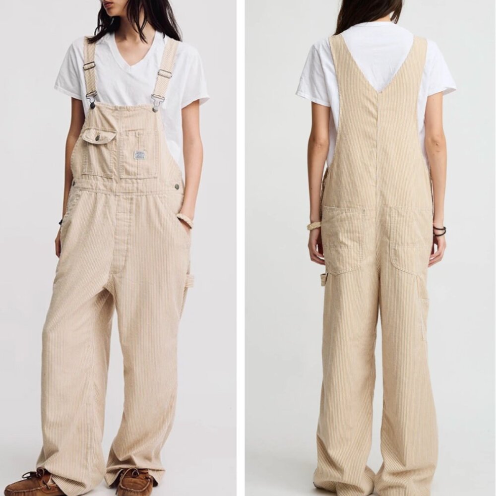 NWT Denimist Slouch Bib Overall - Railroad Khaki Stripe Beige Ivory Denim